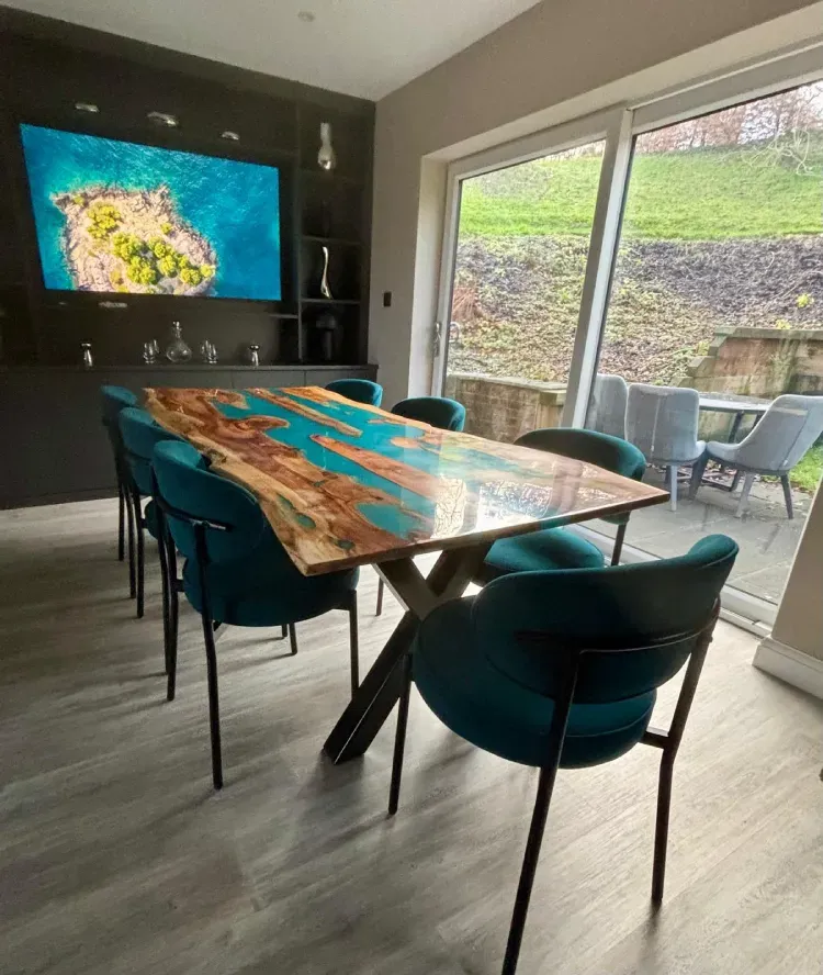 Resin River Dining Table with X-Frame Steel Base