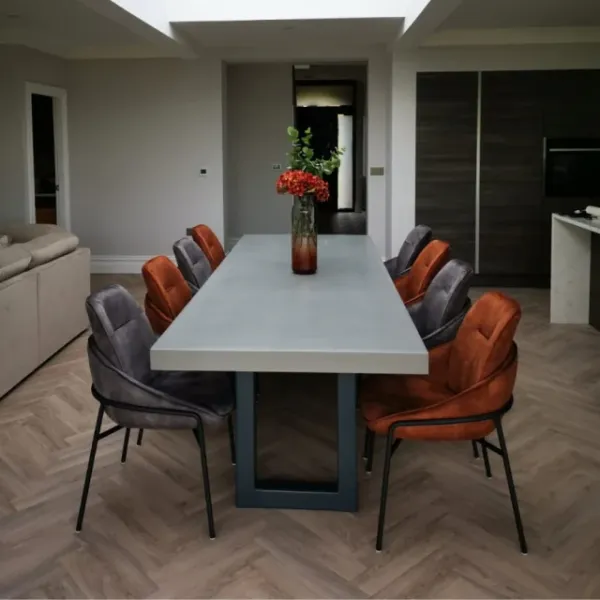 Bespoke polished concrete dining table built to order with welded steel base