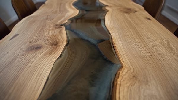 Resin river dining table displayed in Stockport showroom