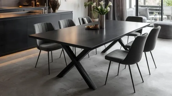 Minimalist polished concrete dining table with clean architectural profile and steel base