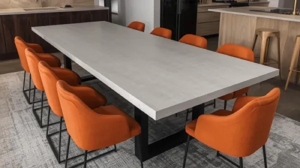 Polished concrete dining table designed for open-plan kitchen and living spaces