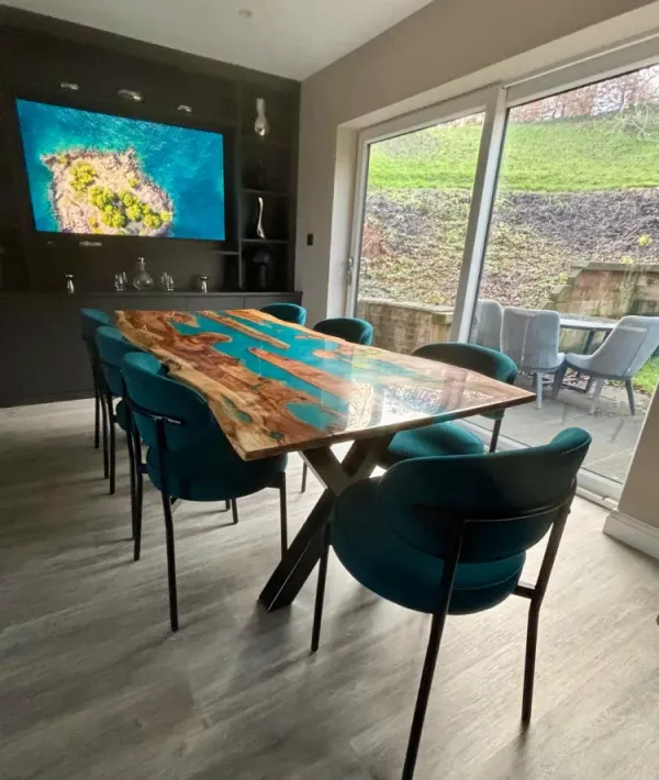 Resin River Dining Table with X-Frame Steel Base