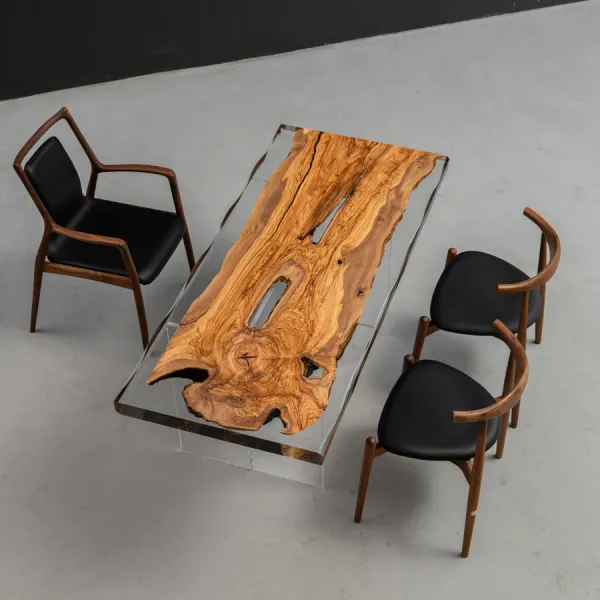 Clear resin river dining table with live-edge timber and transparent epoxy centre